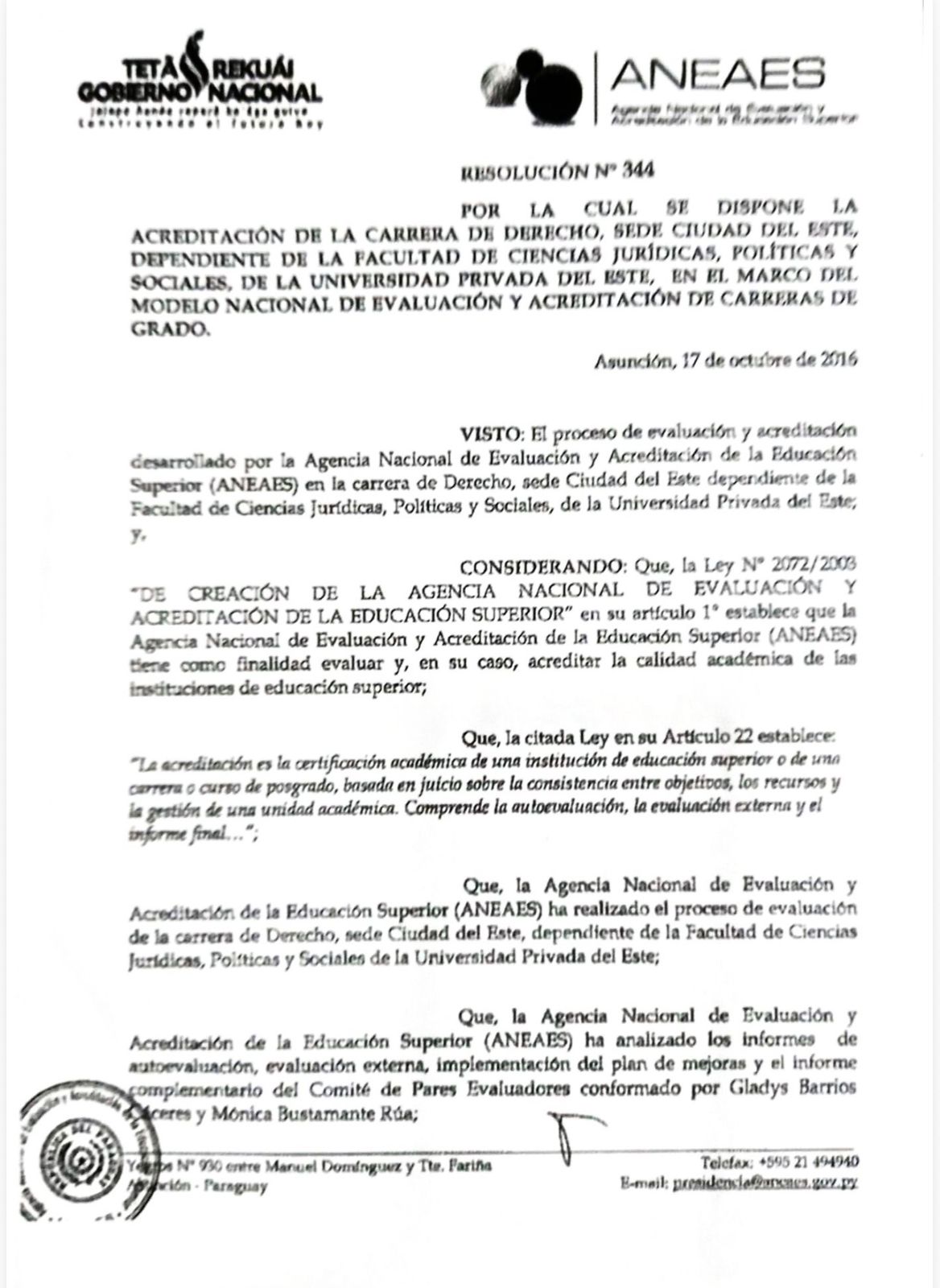 La Carrera de Derecho de la UPE CDE inscripta ante la ANEAES para su 2do. Periodo de ACREDITACIÓN
